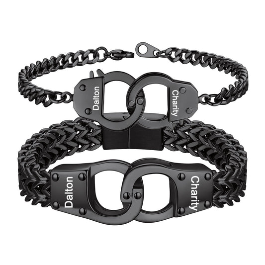 Personalized Engravable Handcuff Chain Bracelet Black Plated on a white background