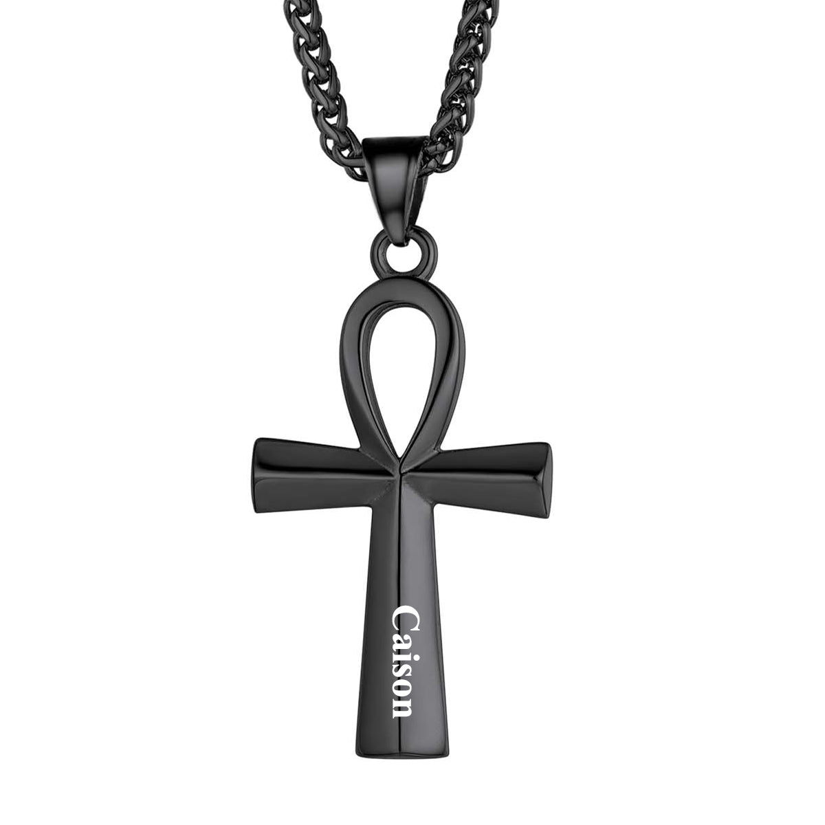 Personalized Engraved Ankh Cross Necklace Black Plated