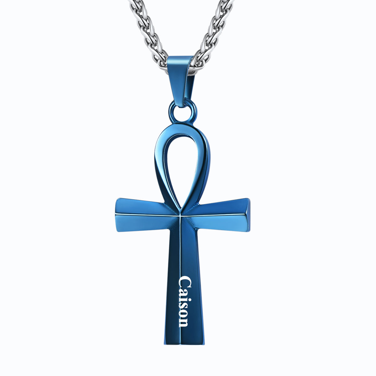 Personalized Engraved Ankh Cross Necklace Blue Plated-L