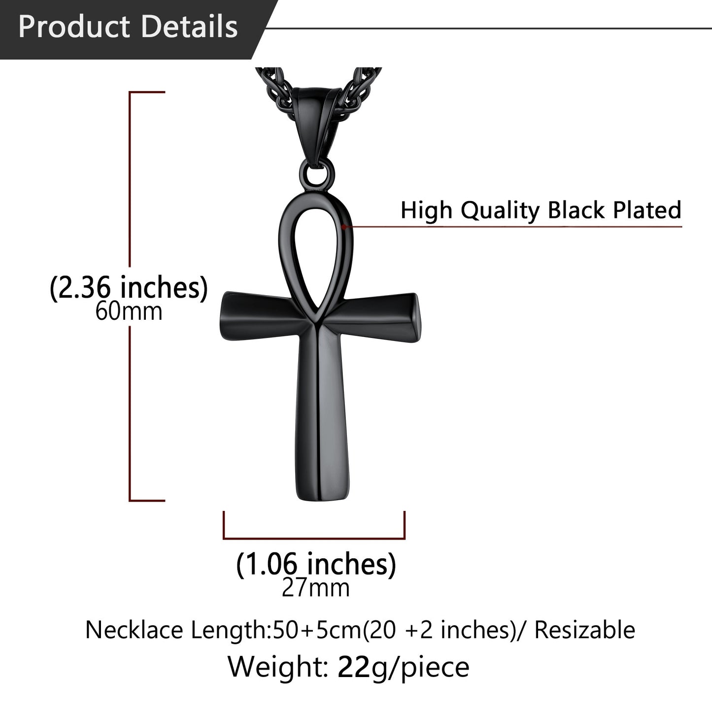 Personalized Engraved Ankh Cross Necklace: Dimension, Solid, Durable