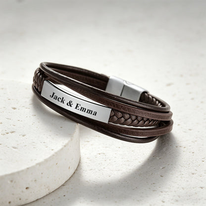 Personalized Engraved Braided Leather Bracelet in brown