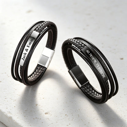 Personalized Engraved Braided Leather Bracelet in different color