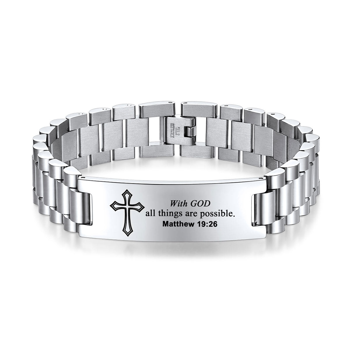 Personalized Engraved Cross Bracelet for Men and Women on a white background
