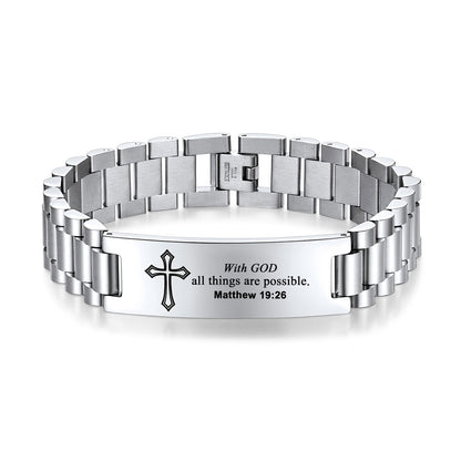 Personalized Engraved Cross Bracelet for Men and Women on a white background