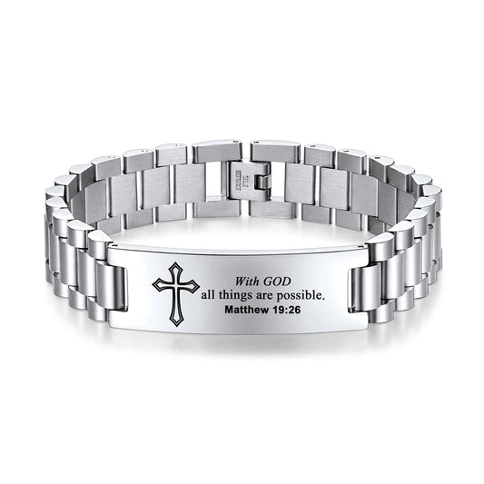 Personalized Engraved Cross Bracelet for Men and Women on a white background