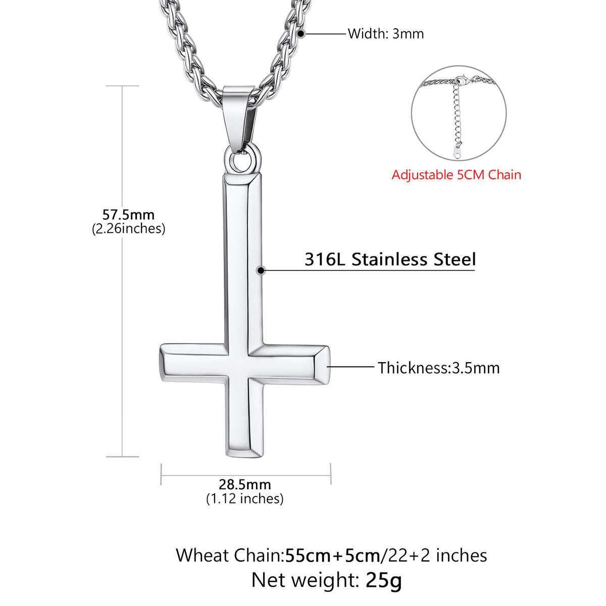 Personalized Engraved Inverted Cross Necklace Dimension, Durable