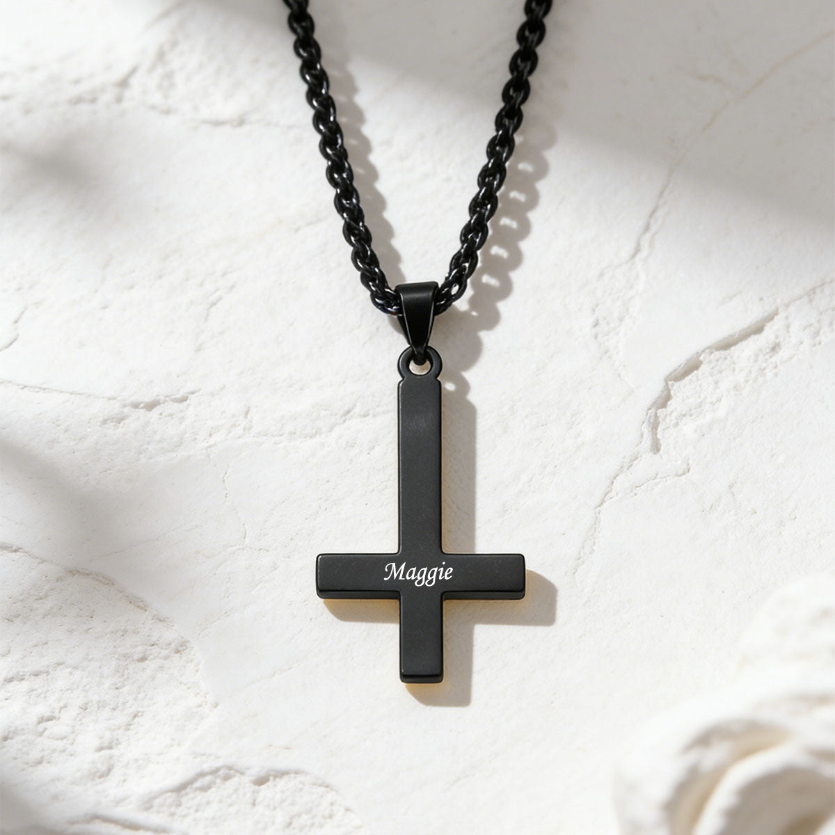 Personalized Engraved Inverted Cross Necklace in Black Plated