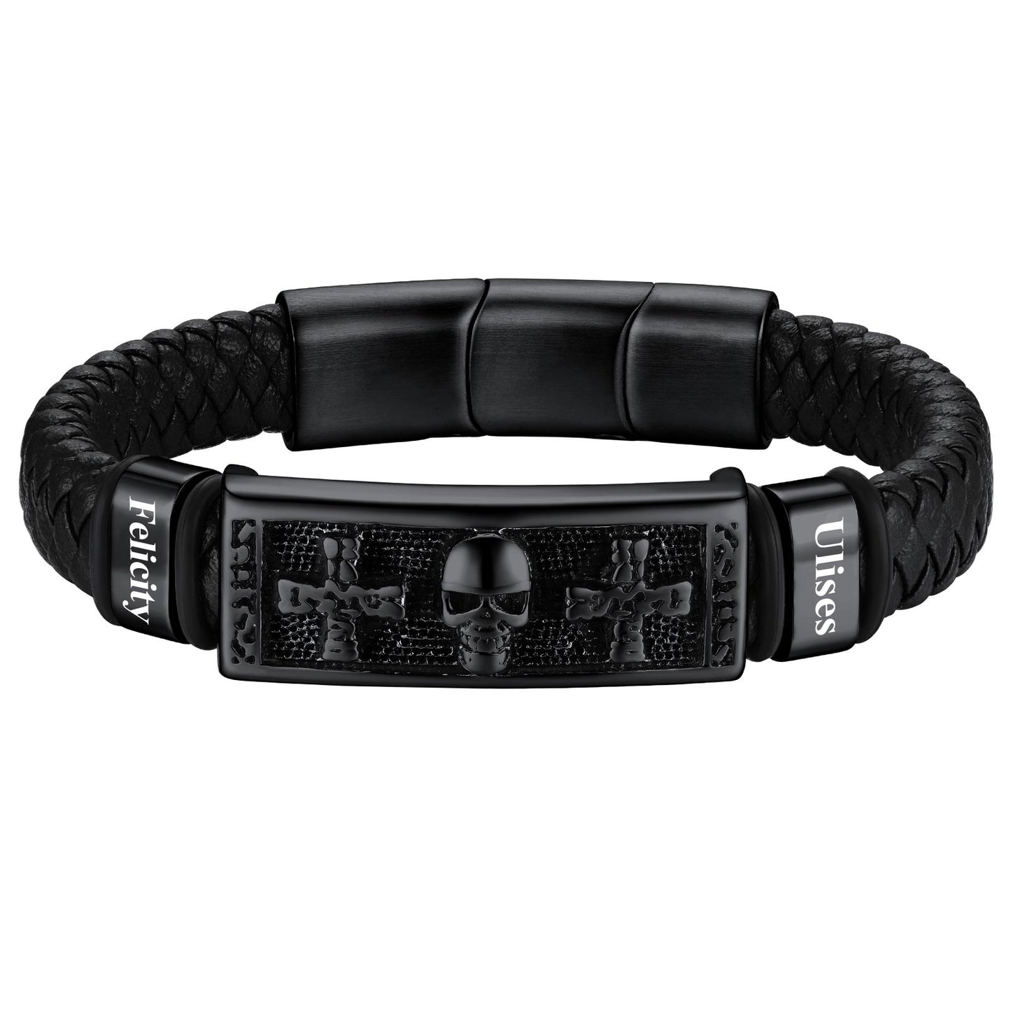 Personalized Engraved Leather Skull Cross Bracelet Black Plated