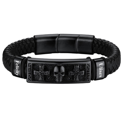 Personalized Engraved Leather Skull Cross Bracelet Black Plated