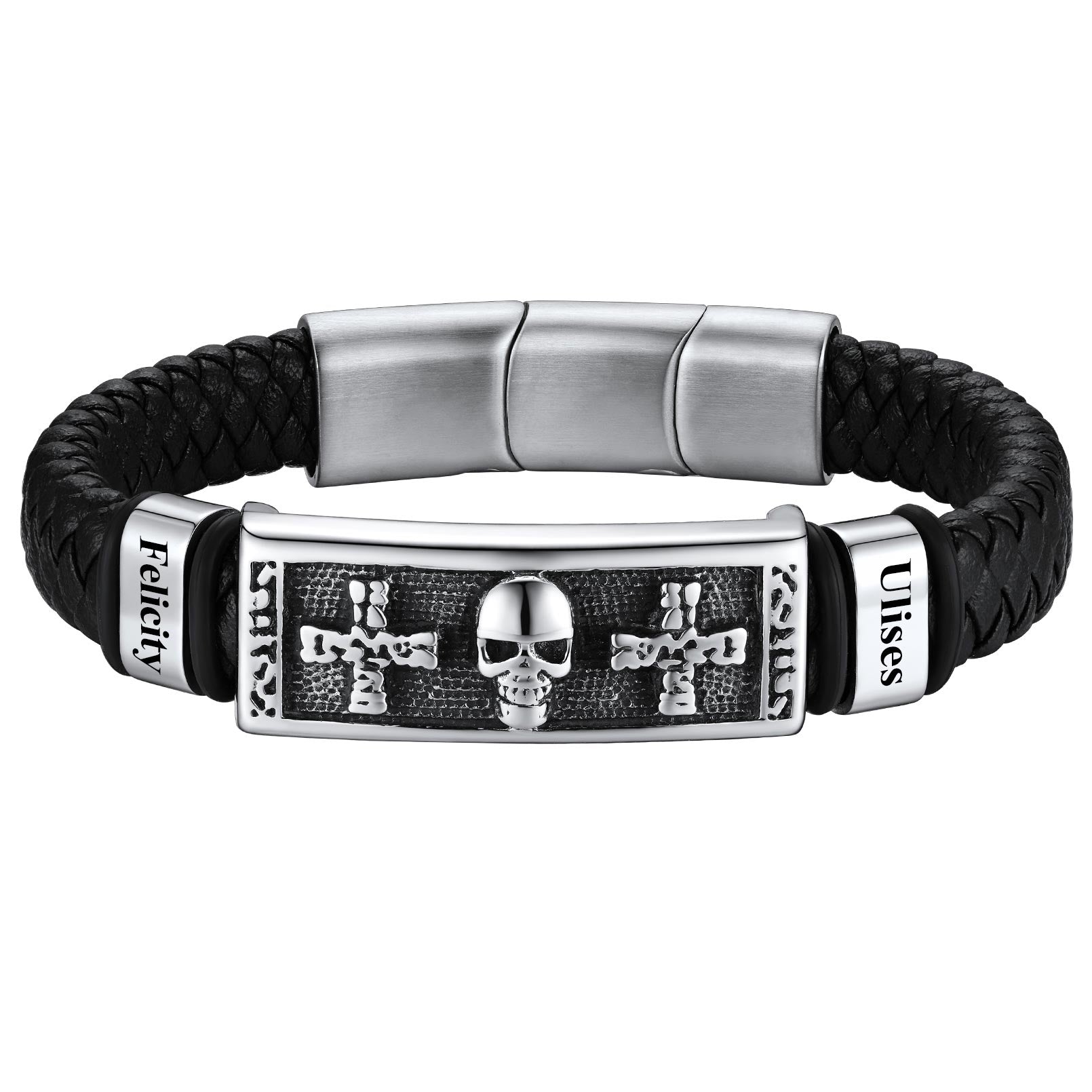 Personalized Engraved Leather Skull Cross Bracelet for Men