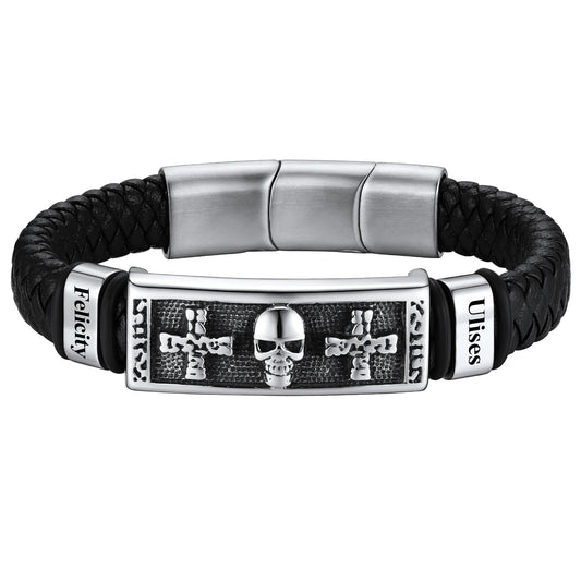 Personalized Engraved Leather Skull Cross Bracelet for Men