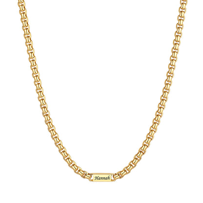 Personalized Engraving 1 Name Box Chain Necklace on a white background 5mm Gold Plated