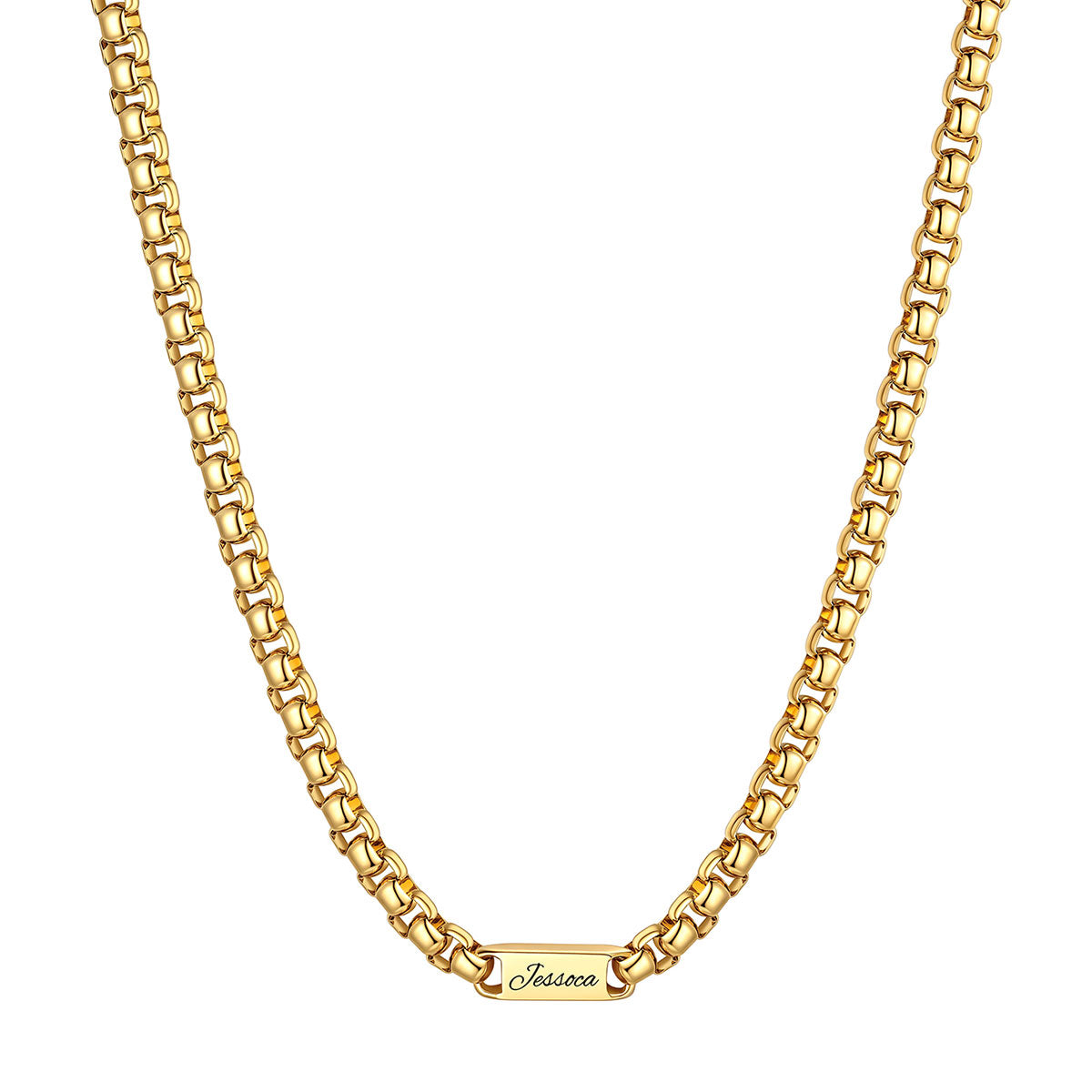 Personalized Engraving 1 Name Box Chain Necklace on a white background 7mm Gold Plated