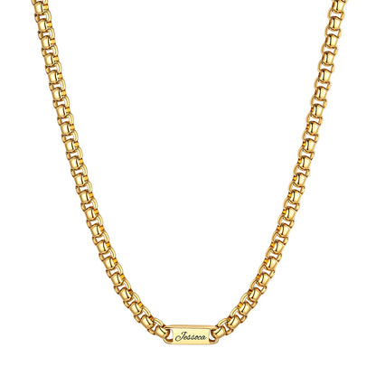 Personalized Engraving 1 Name Box Chain Necklace on a white background 7mm Gold Plated