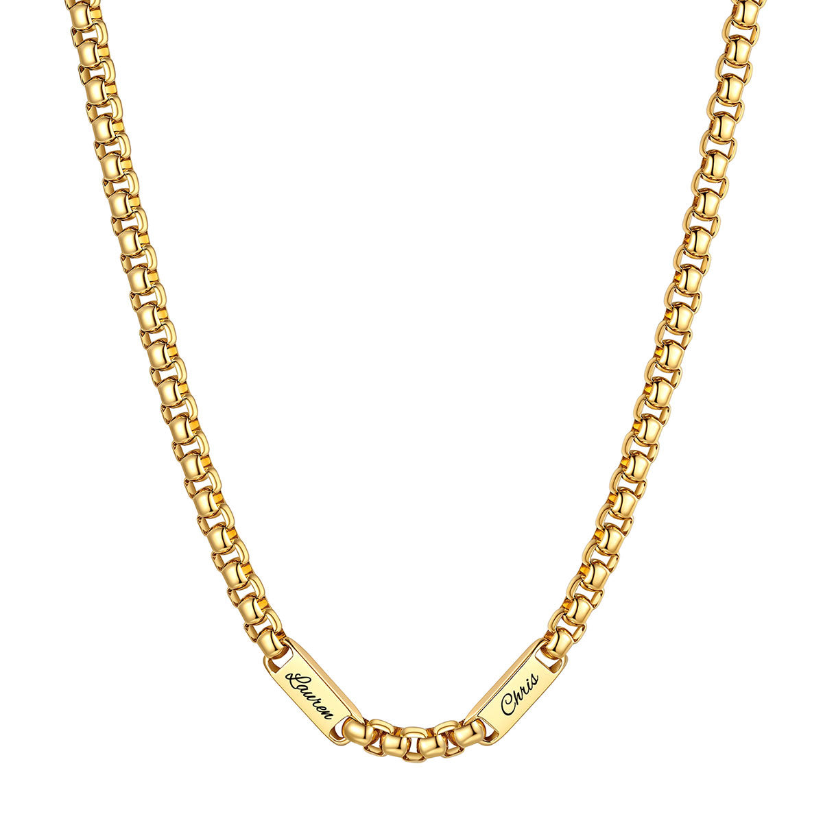 Personalized Engraving 2 Name Box Chain Necklace on a white background 7mm Gold Plated