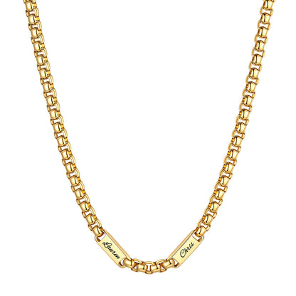 Personalized Engraving 2 Name Box Chain Necklace on a white background 7mm Gold Plated