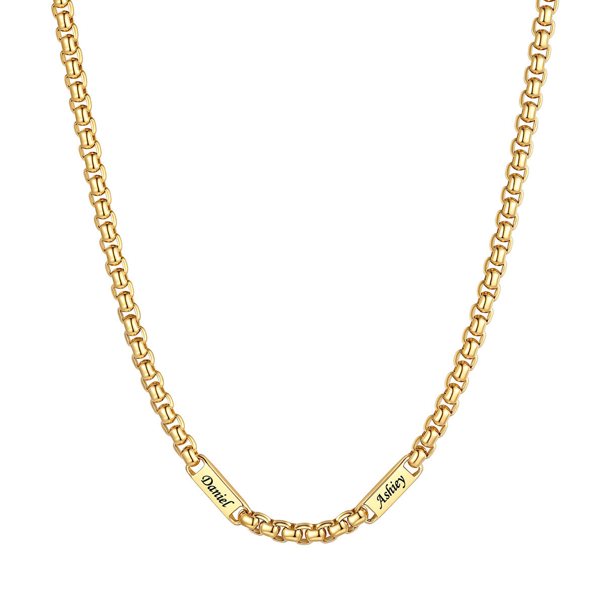Personalized Engraving 2 Names Box Chain Necklace on a white background 5mm 