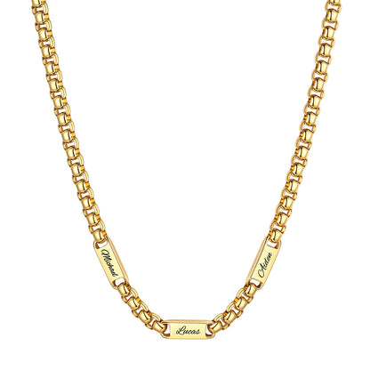 Personalized Engraving 3 Name Box Chain Necklace on a white background 7mm Gold Plated