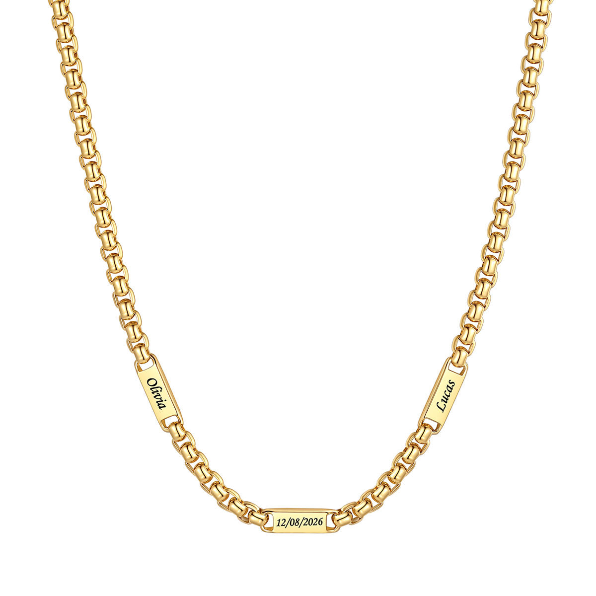 Personalized Engraving 3 Names Box Chain Necklace on a white background 5mm 