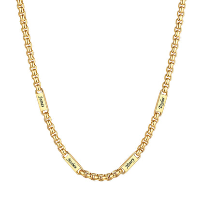 Personalized Engraving 4 Name Box Chain Necklace on a white background 5mm 