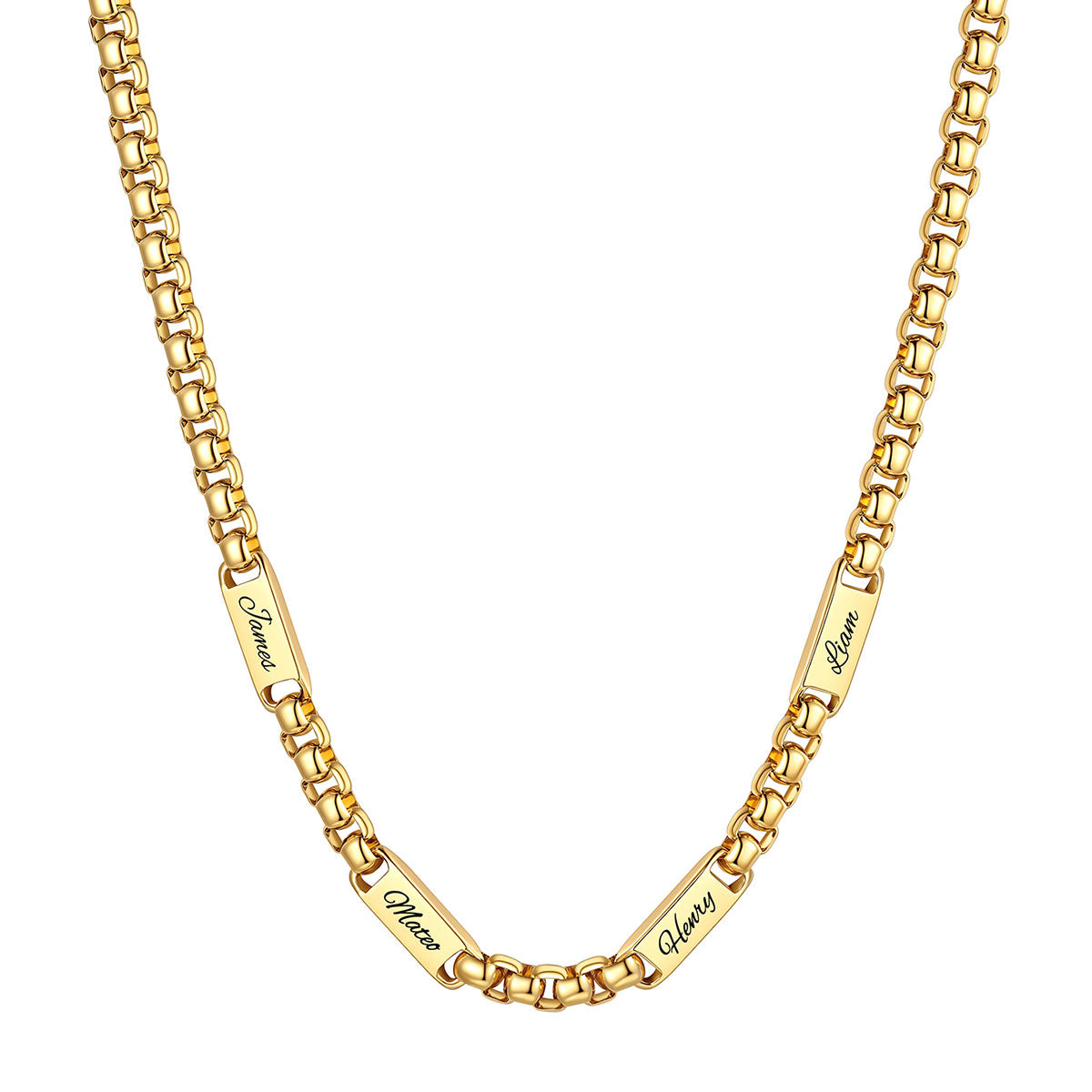 Personalized Engraving 4 Name Box Chain Necklace on a white background 7mm Gold Plated