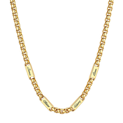 Personalized Engraving 4 Name Box Chain Necklace on a white background 7mm Gold Plated