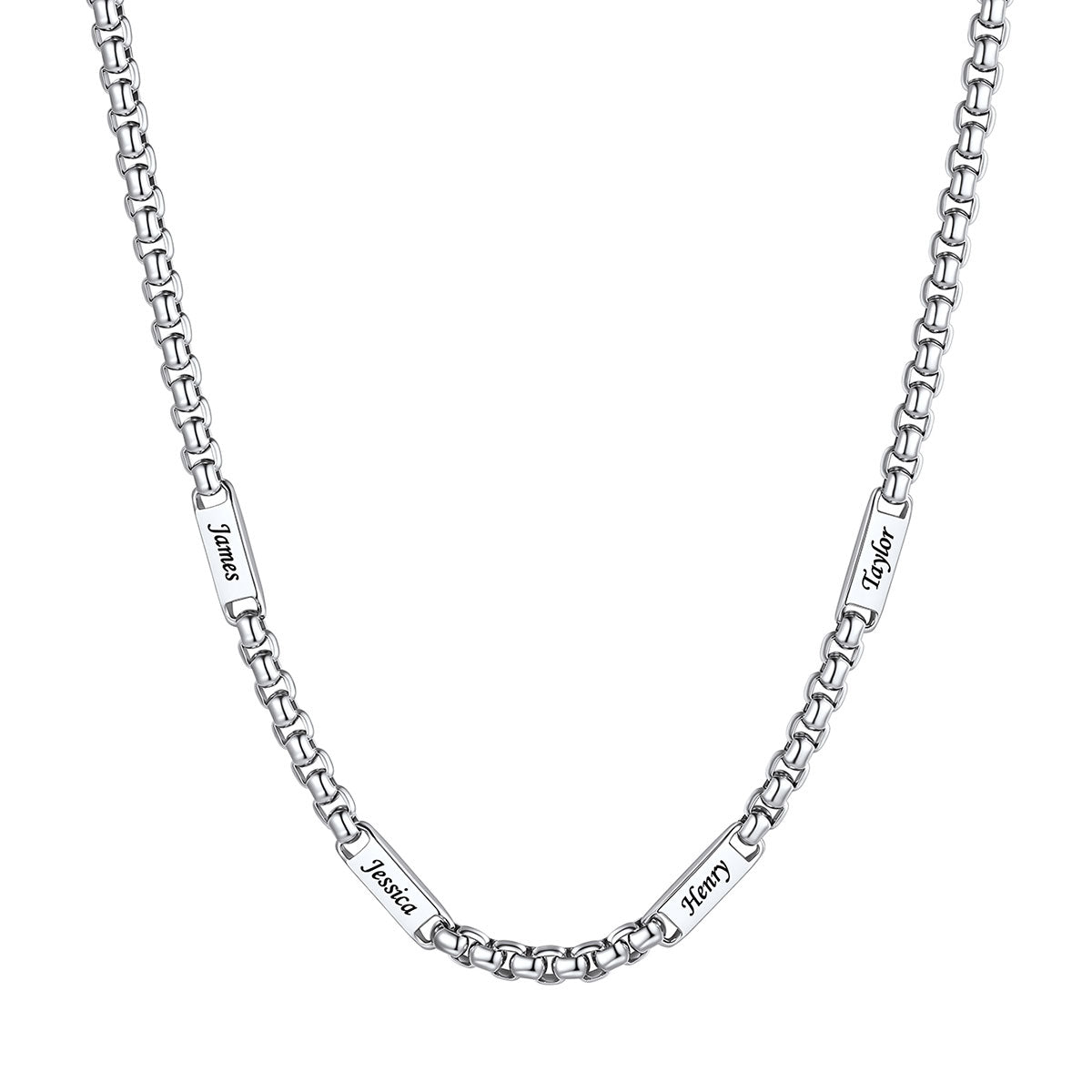Personalized Engraving 4 Names Box Chain Necklace on a white background 5mm