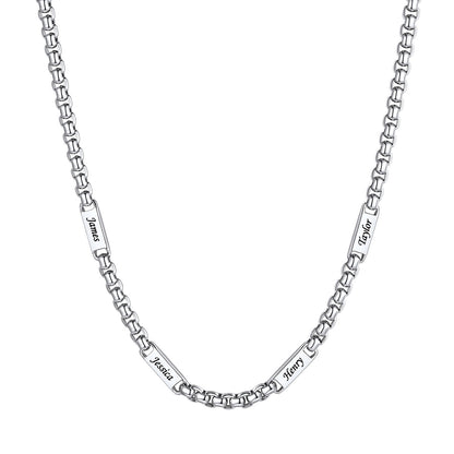 Personalized Engraving 4 Names Box Chain Necklace on a white background 5mm