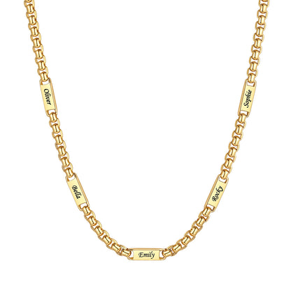Personalized Engraving 5 Name Box Chain Necklace on a white background 5mm Gold Plated