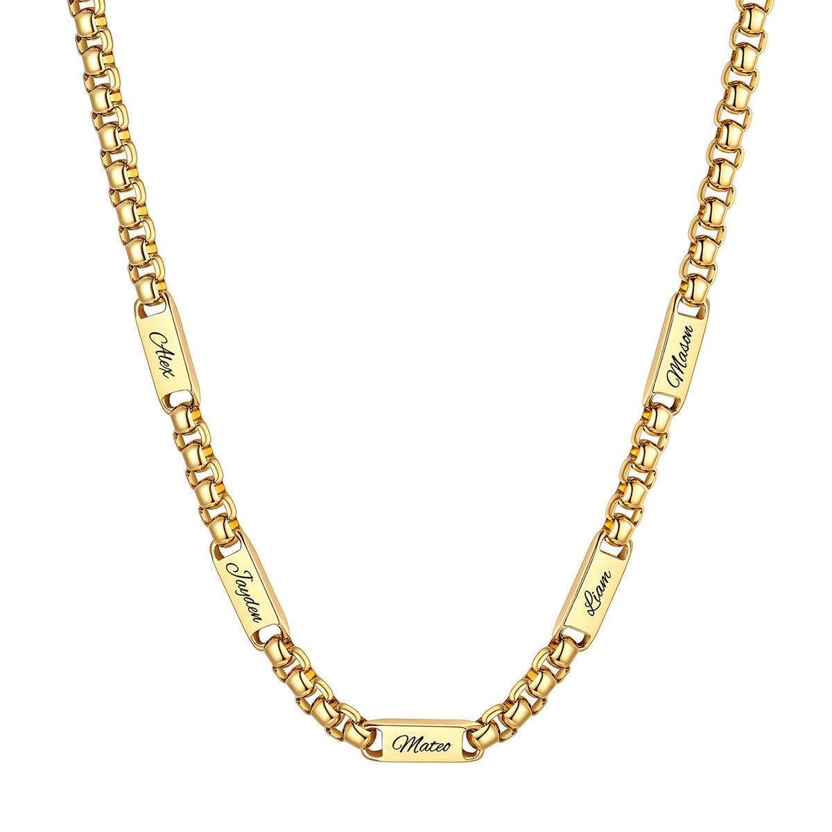 Personalized Engraving 5 Name Box Chain Necklace on a white background 7mm Gold Plated