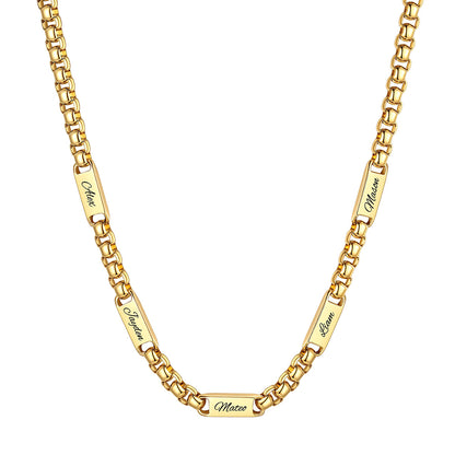Personalized Engraving 5 Name Box Chain Necklace on a white background 7mm Gold Plated