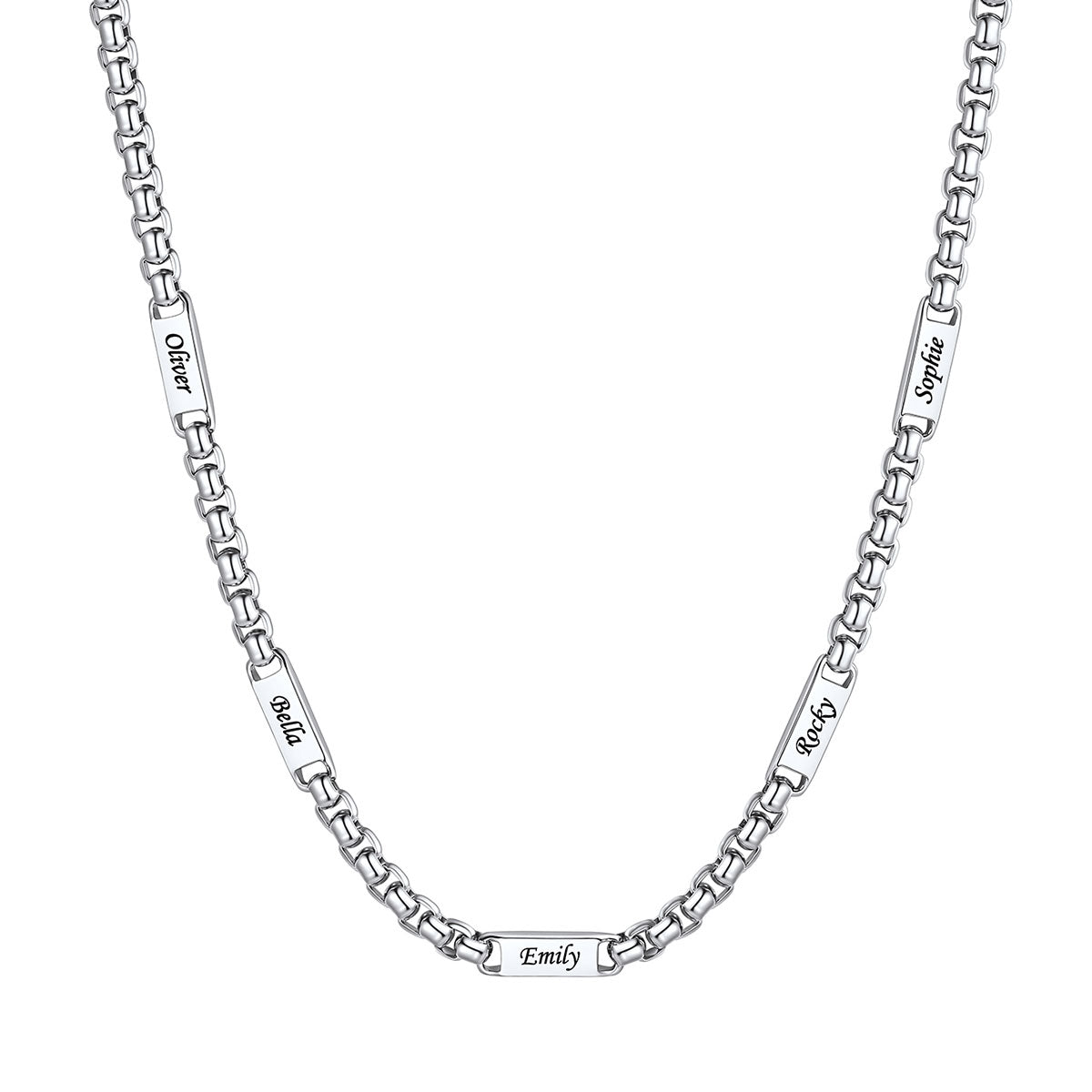 Personalized Engraving 5 Names Box Chain Necklace on a white background 5mm