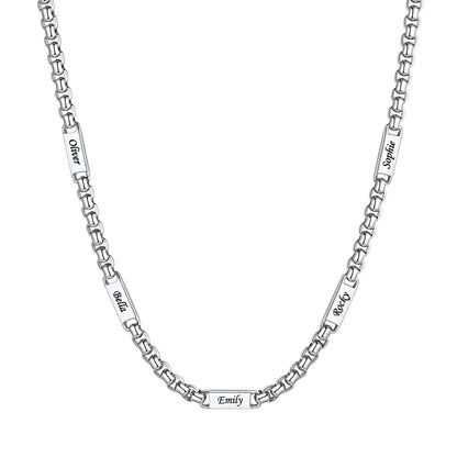 Personalized Engraving 5 Names Box Chain Necklace on a white background 5mm