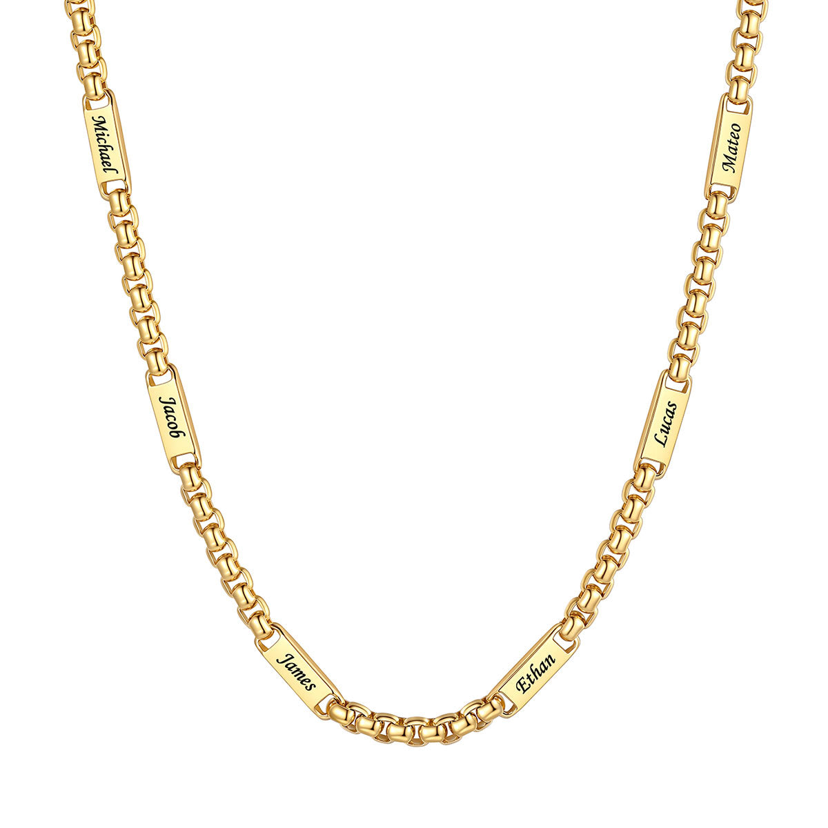 Personalized Engraving 6 Name Box Chain Necklace on a white background 5mm Gold Plated
