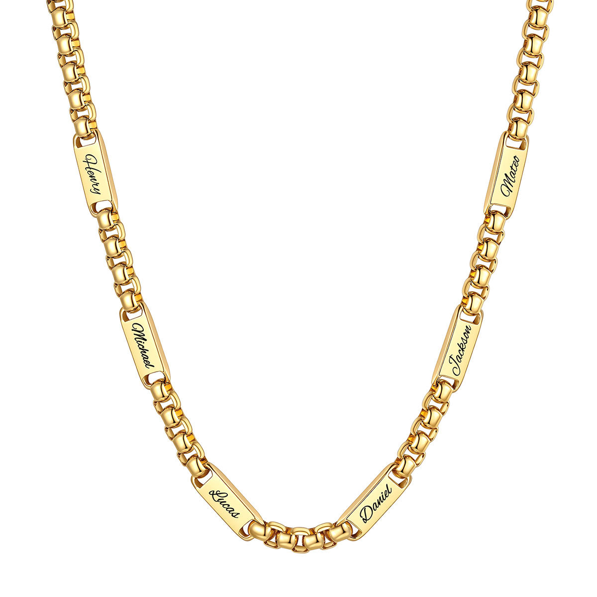 Personalized Engraving 6 Name Box Chain Necklace on a white background 7mm Gold Plated