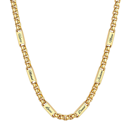 Personalized Engraving 6 Name Box Chain Necklace on a white background 7mm Gold Plated