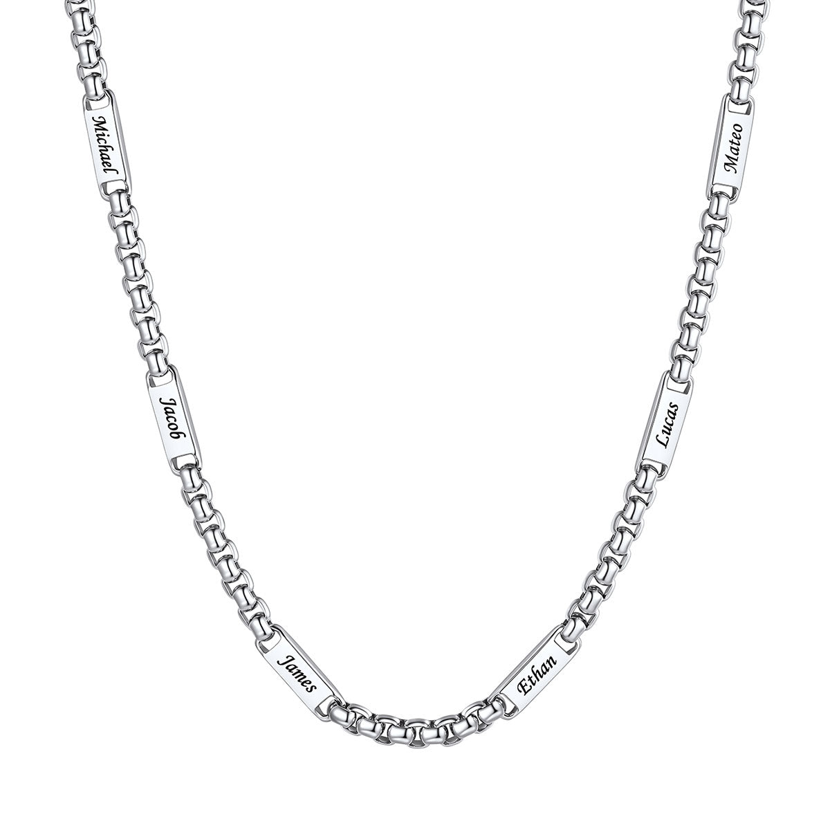 Personalized Engraving 6 Names Box Chain Necklace on a white background 5mm