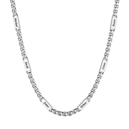 Personalized Engraving 6 Names Box Chain Necklace on a white background 5mm