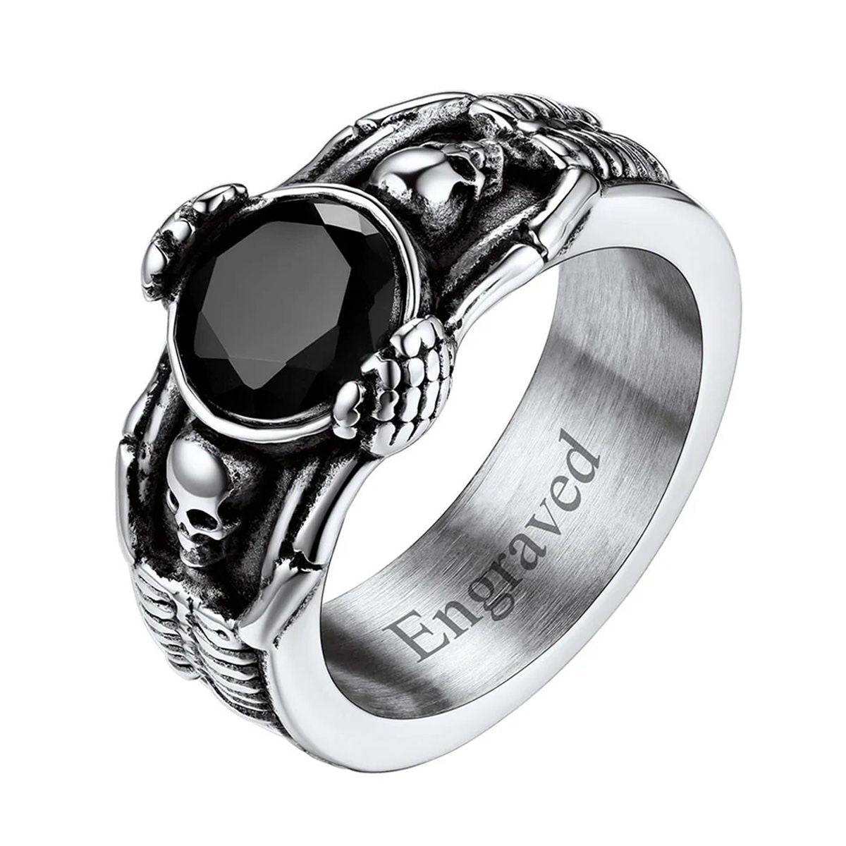 Personalized Engraving Black Onyx Skull Band Ring