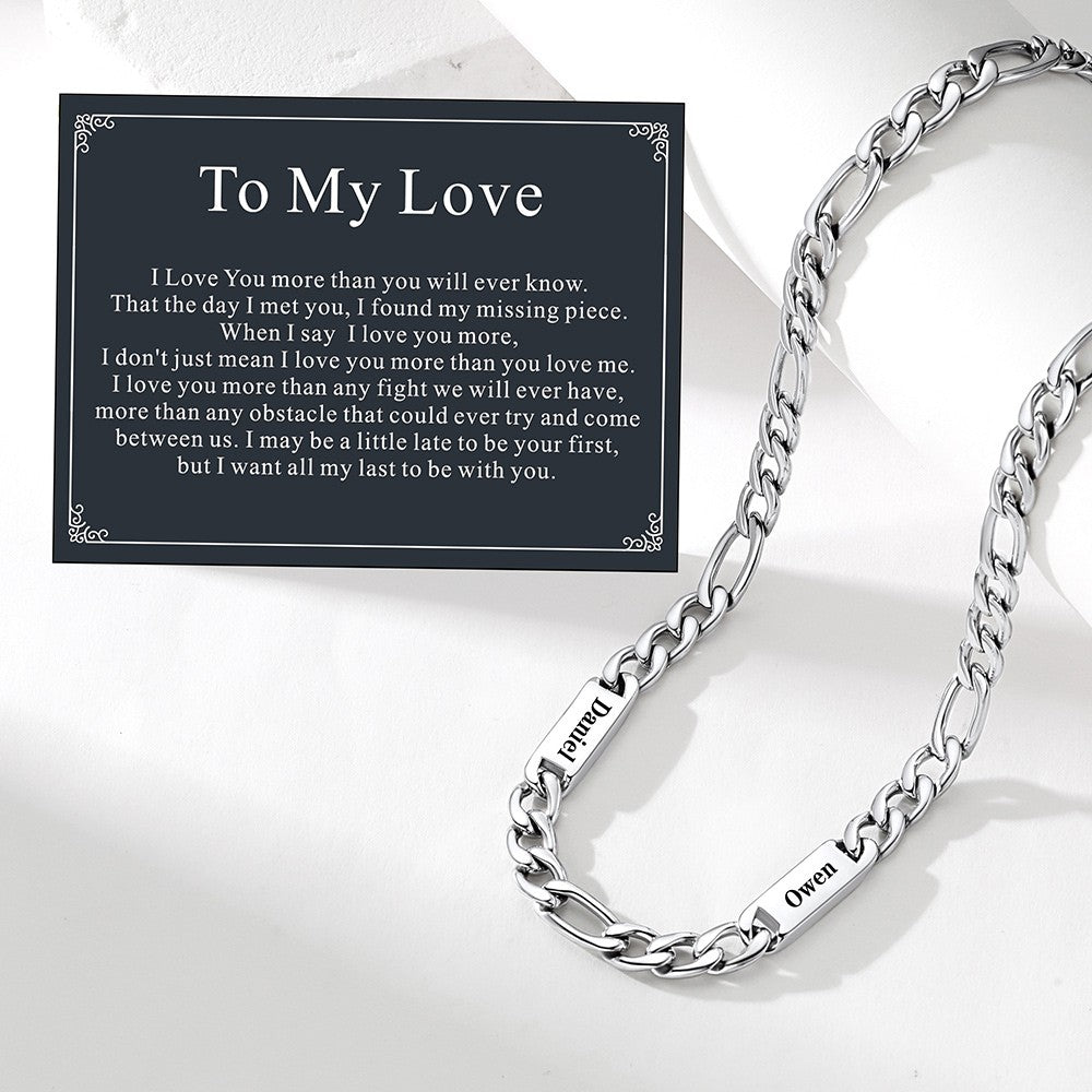 Personalized Engraving Name Figaro Chain Necklace with greeting card