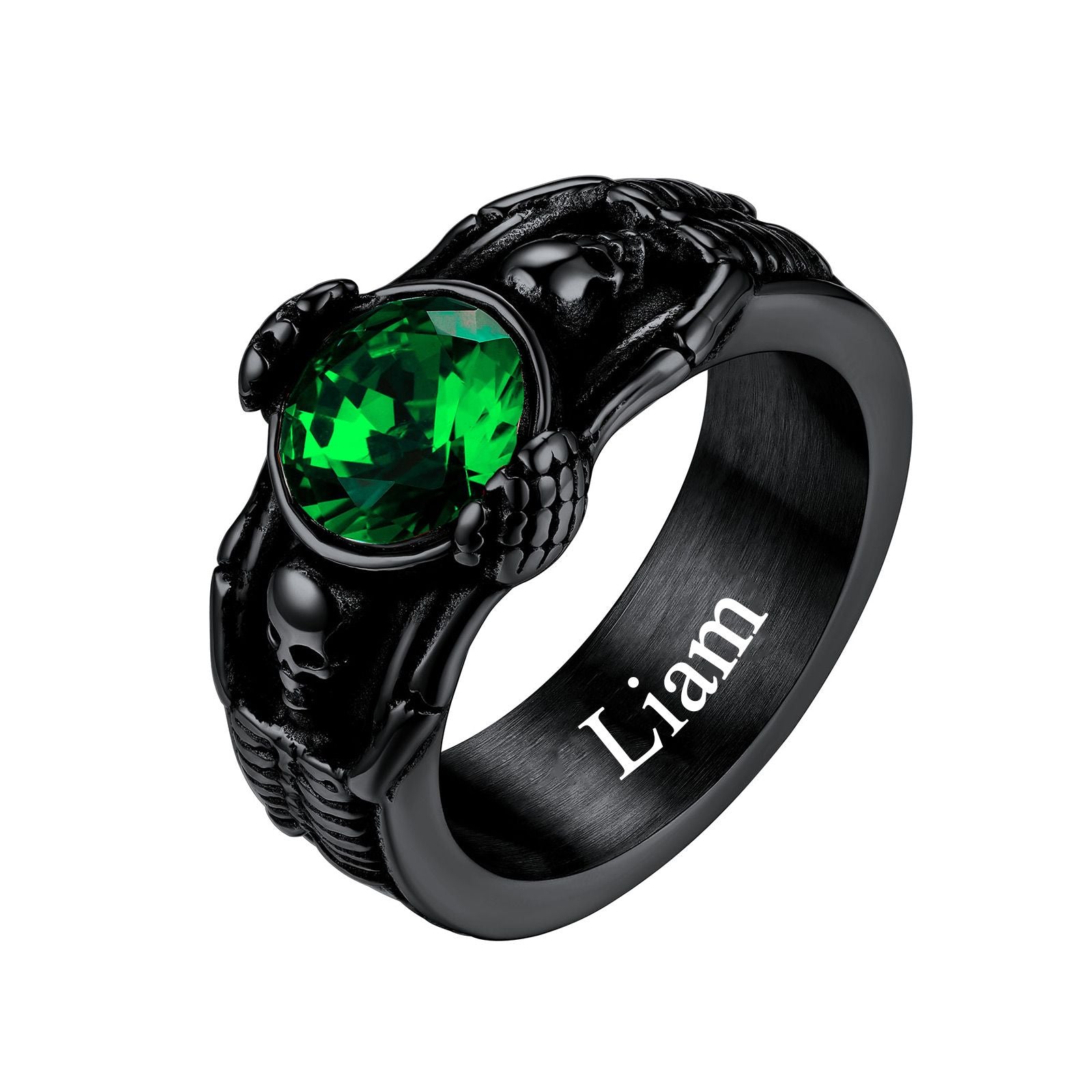 Personalized Engraving Skull Birthstone Band Ring Black