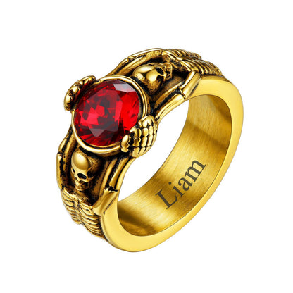 Personalized Engraving Skull Birthstone Band Ring Gold