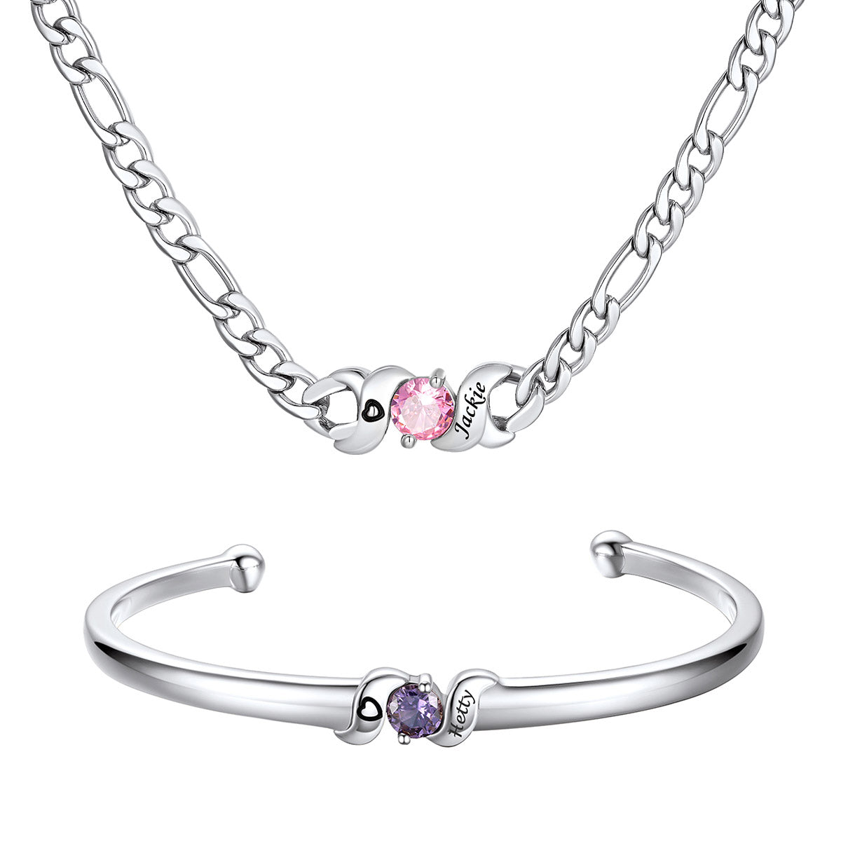 Personalized Family 1 Birthstone Necklace and Bracelet Set on a white background
