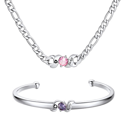 Personalized Family 1 Birthstone Necklace and Bracelet Set on a white background