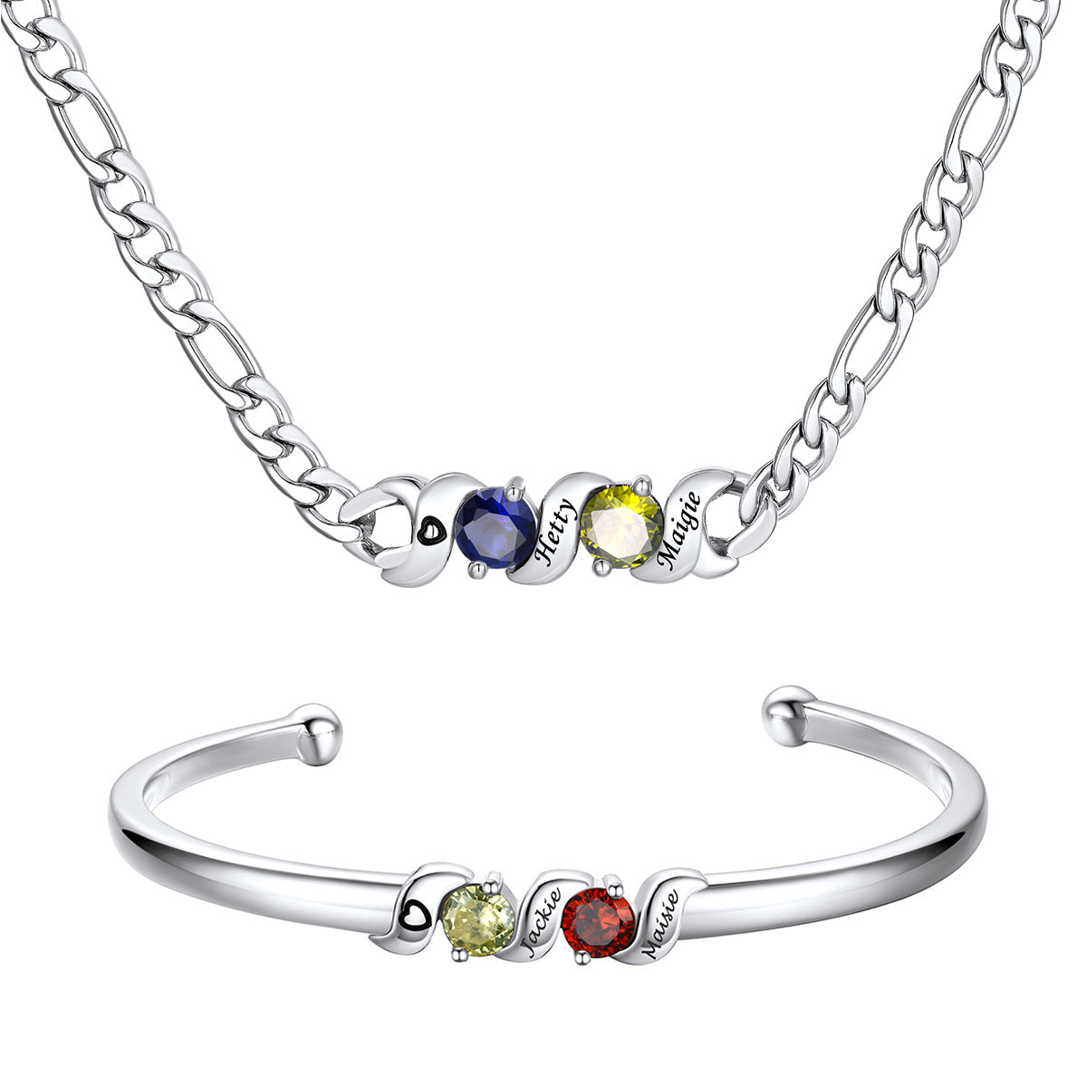 Personalized Family  2 Birthstone Necklace and Bracelet Set on a white background
