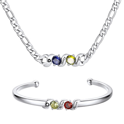 Personalized Family  2 Birthstone Necklace and Bracelet Set on a white background