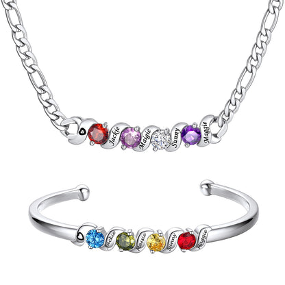 Personalized Family 4 Birthstone Necklace and Bracelet Set on a white background