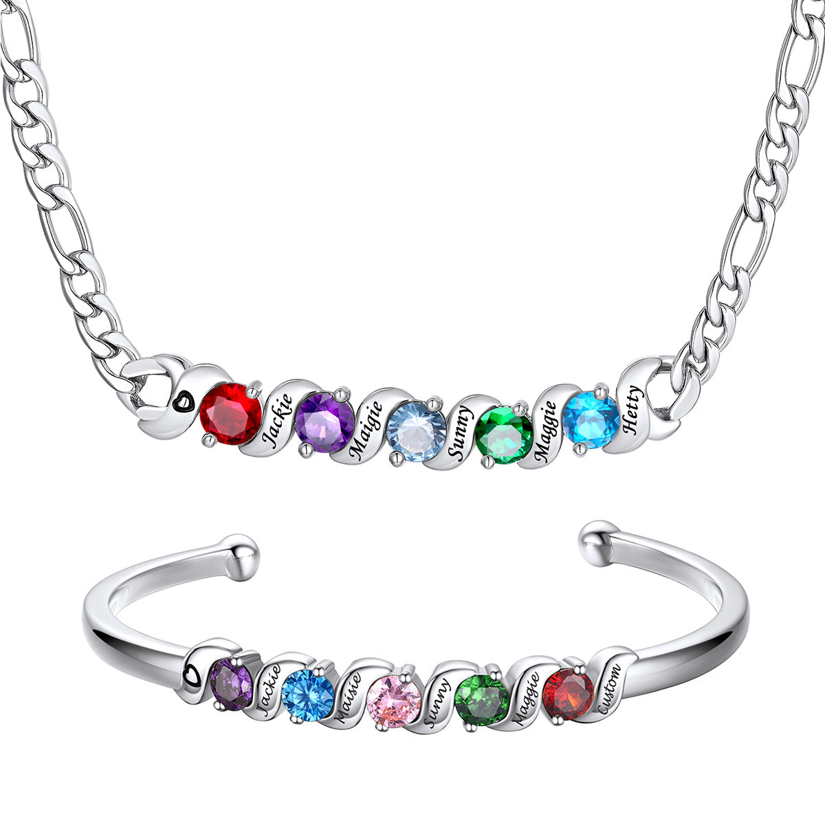 Personalized Family 5 Birthstone Necklace and Bracelet Set on a white background