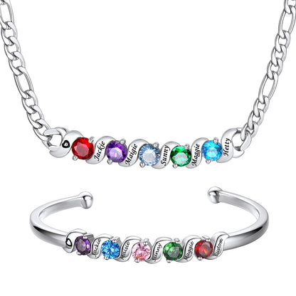 Personalized Family 5 Birthstone Necklace and Bracelet Set on a white background