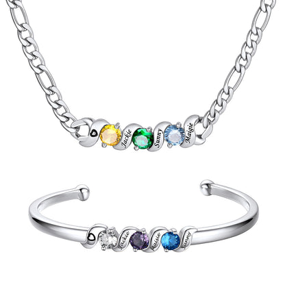 Personalized Family Birthstone Necklace and Bracelet Set on a white background